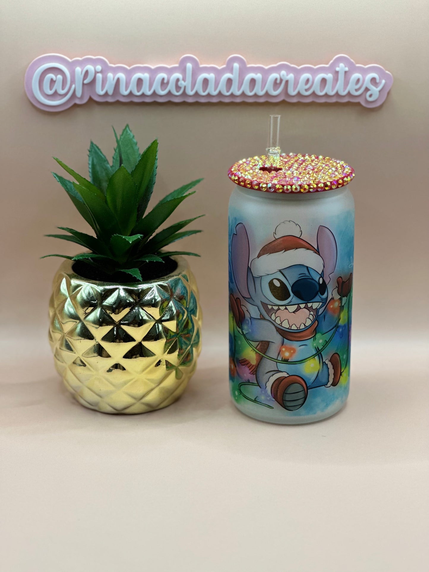 Santa Claus Stitch Frosted Glass Can