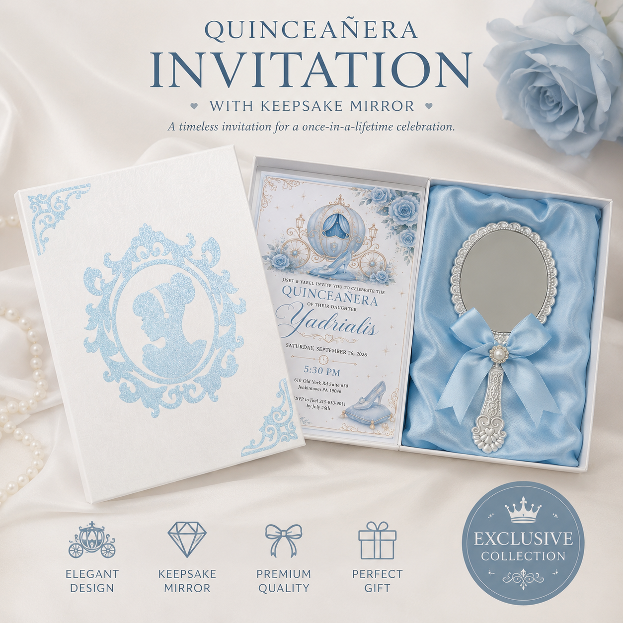 Personalized Princess Quinceañera Invitation Box with Keepsake Mirror