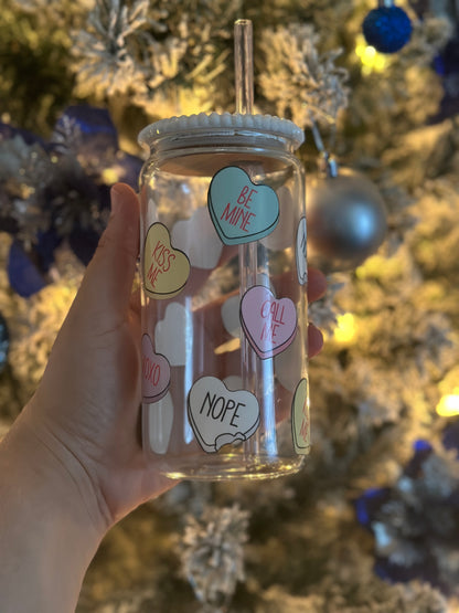 Conversation Hearts Glass Can